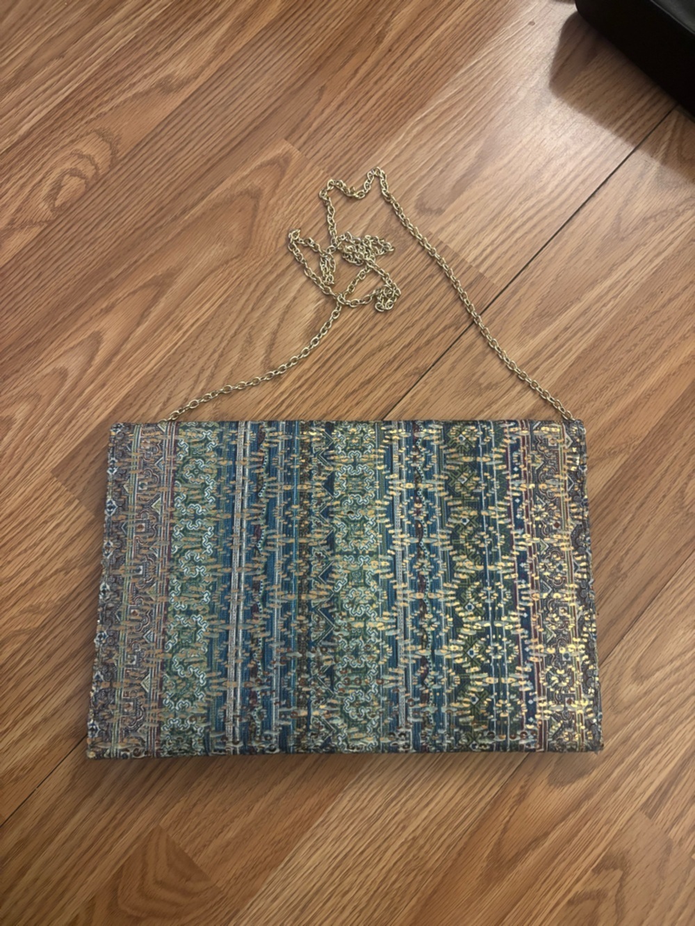Metallic Blue Patterned Envelope Clutch with Gold Chain - Picture 7 of 7